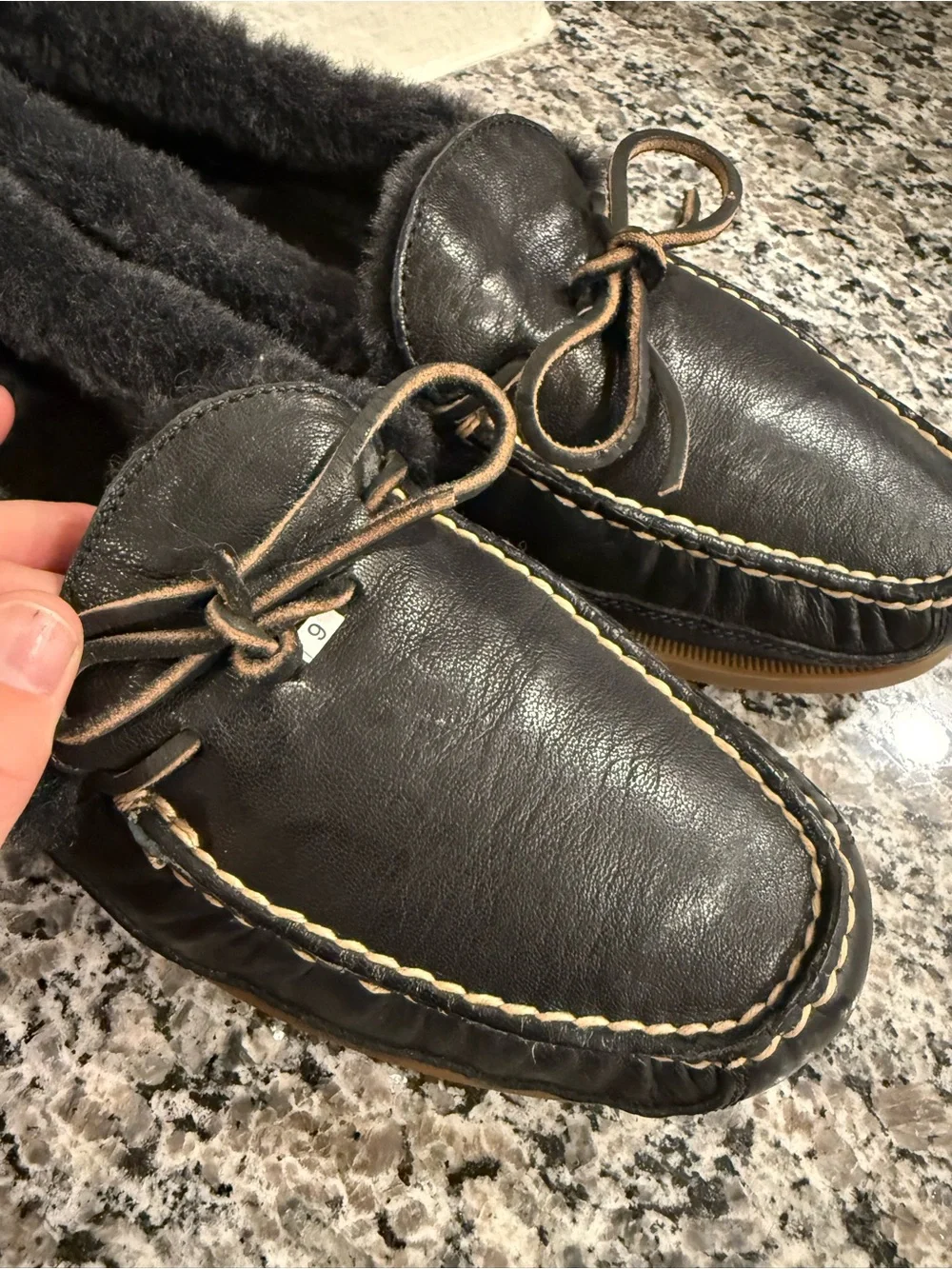 Men's Black ‘FRYE’ Leather Shearling-Lined Moccasin Slippers